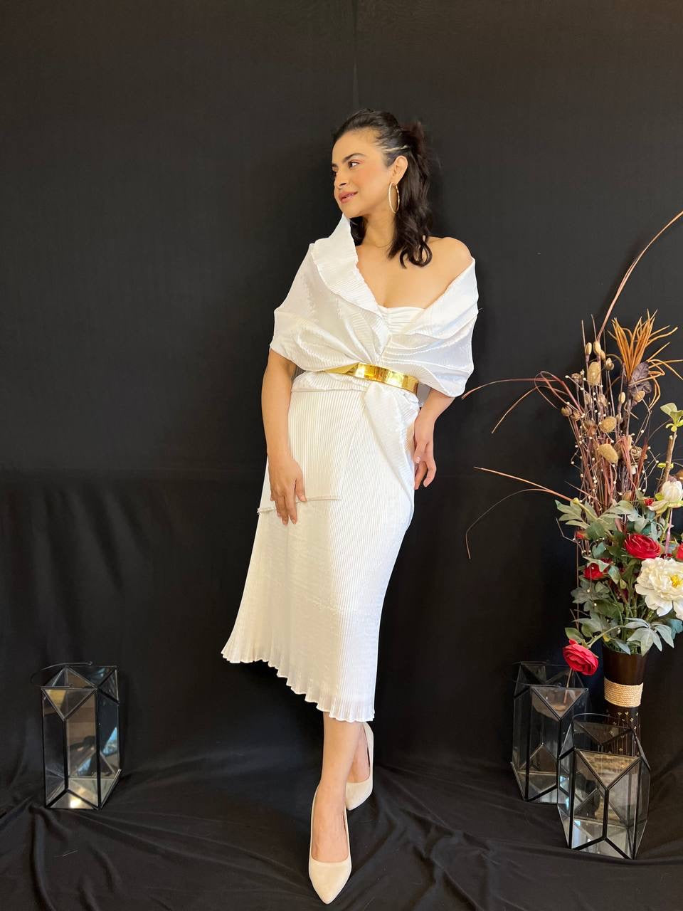 Silk Multi Drape Long Skirt Set in Ivory